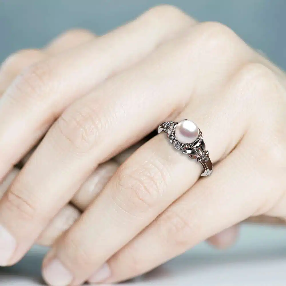 Pearl Engagement Ring White Gold Ring Leaf Engagement Ring Gold Pearl Ring 5 Pearl Engagement Ring White Gold Ring Leaf Engagement Ring Gold Pearl Ring