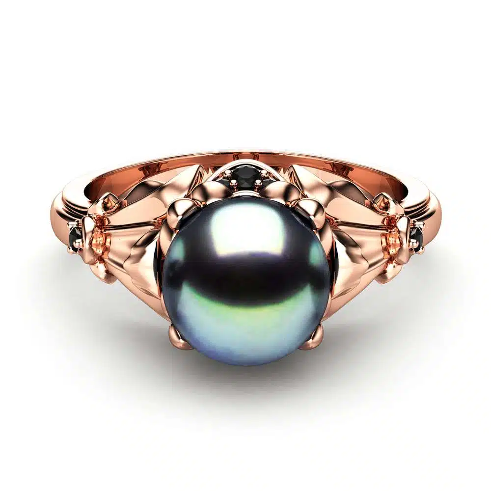 Black Pearl Engagement Ring Rose Gold Ring Leaf Engagement Ring Gold Pearl Ring