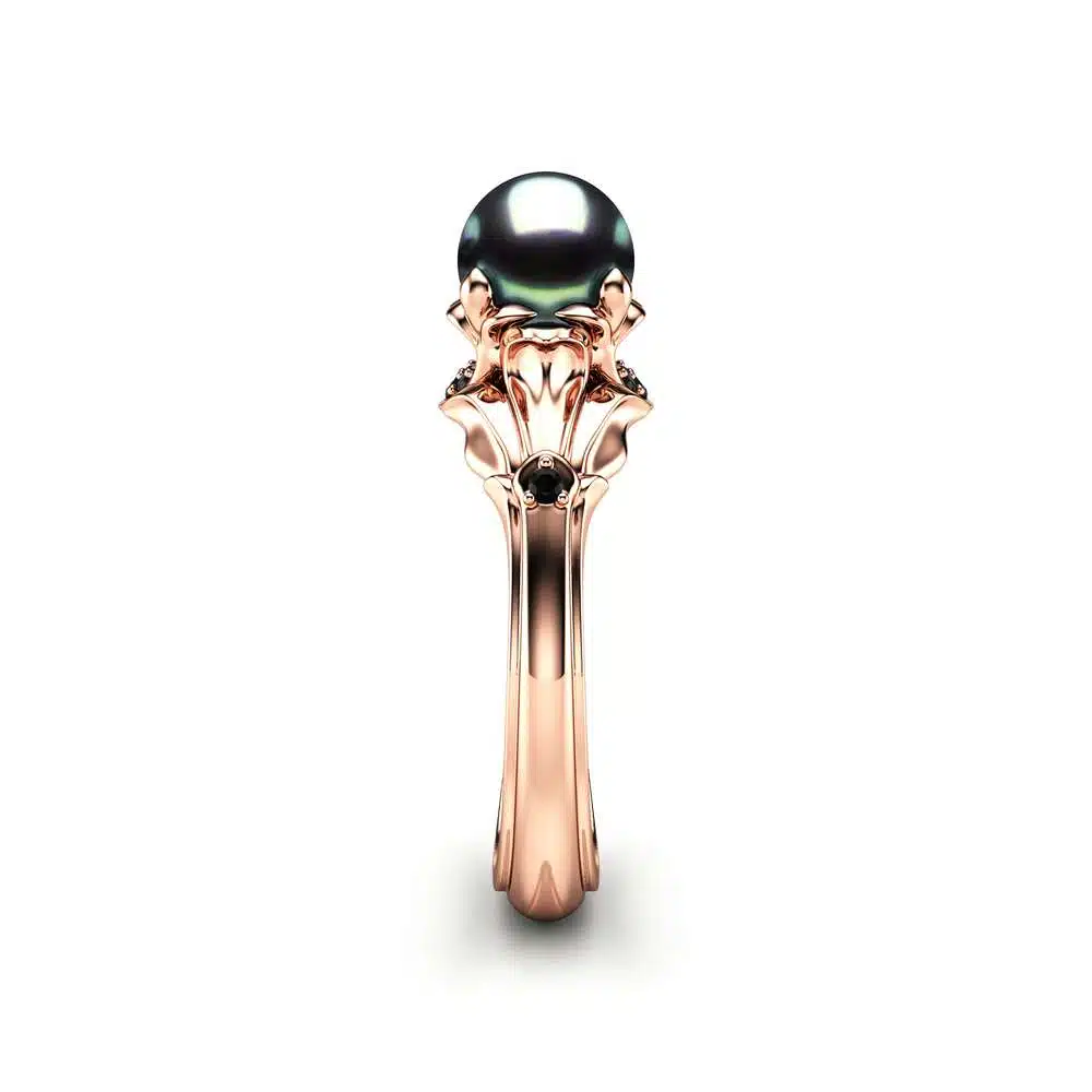 Black Pearl Engagement Ring Rose Gold Ring Leaf Engagement Ring Gold Pearl Ring