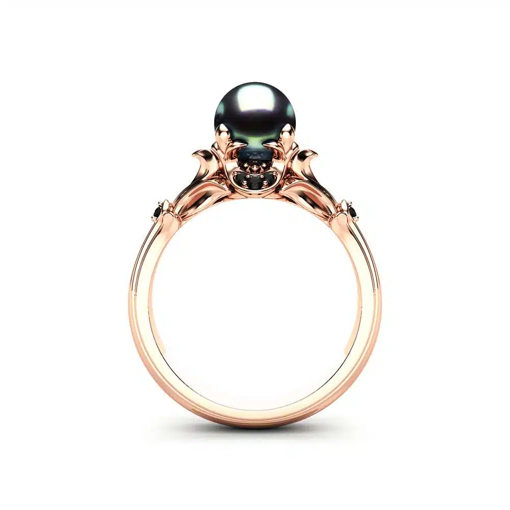 Black Pearl Engagement Ring Rose Gold Ring Leaf Engagement Ring Gold Pearl Ring