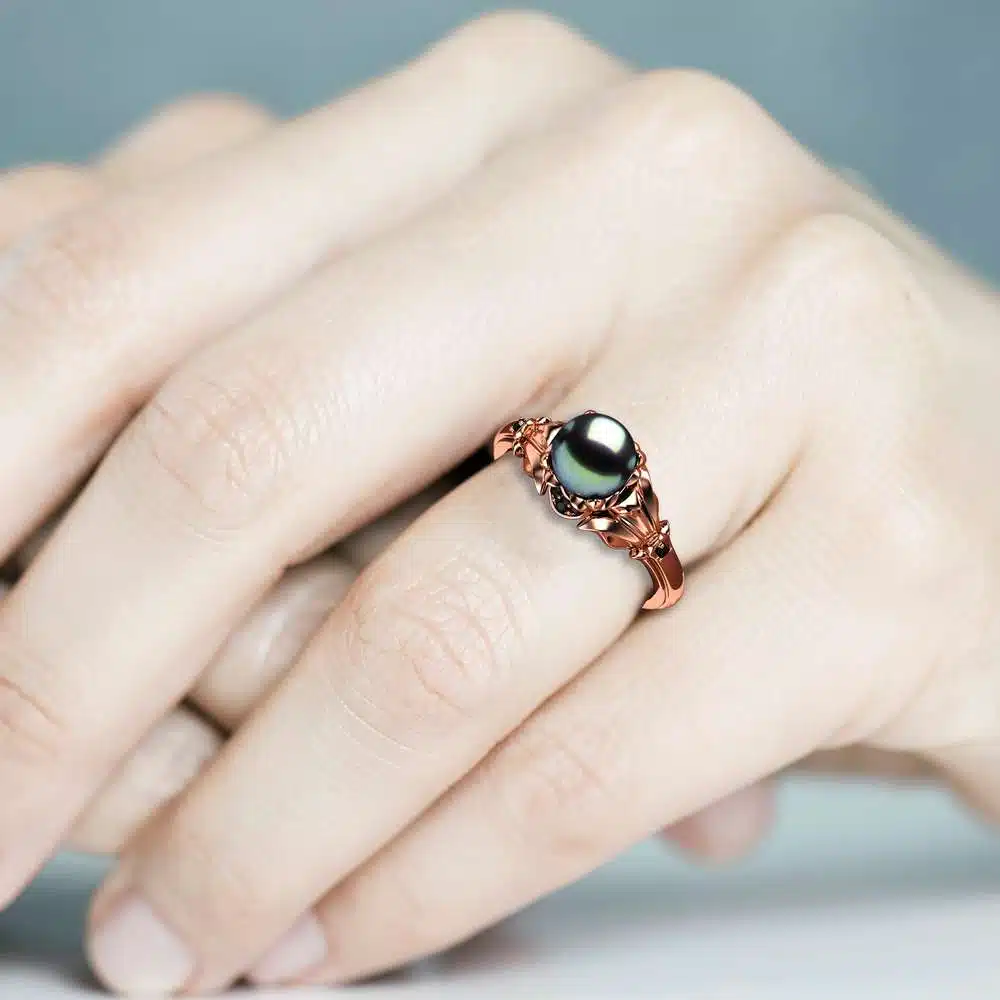 Black Pearl Engagement Ring Rose Gold Ring Leaf Engagement Ring Gold Pearl Ring