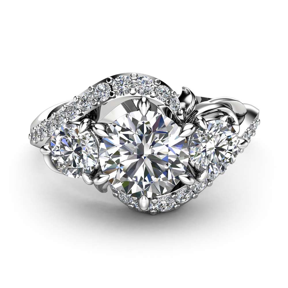 Three Stone Diamond Engagement Ring 14K White Gold Branch Ring Art Nouveau Engagement Ring