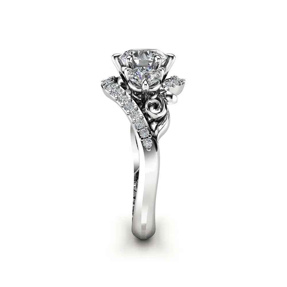 Three Stone Diamond Engagement Ring 14K White Gold Branch Ring Art Nouveau Engagement Ring