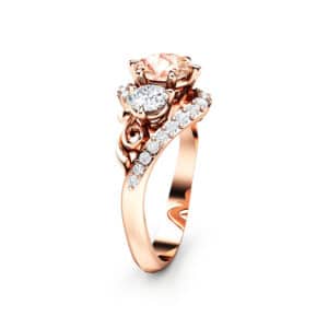 Three Stone Morganite Diamond Engagement Ring 14K Rose Gold Ring Unique Natural Diamonds Ring3-Stone Diamond Ring