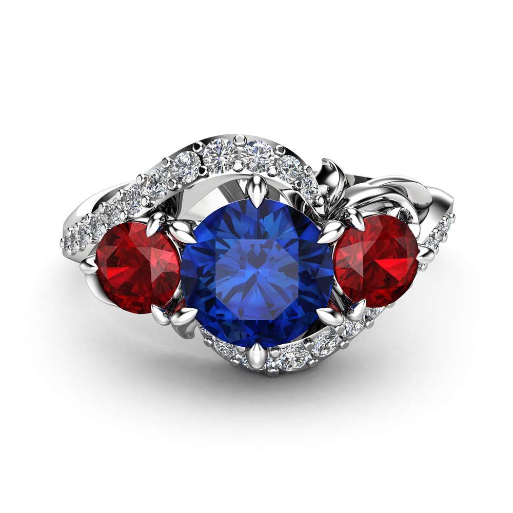 Unique Three Stone Engagement Ring 14K White Gold Ring Natural Blue Sapphire Natural Red Ruby Ring