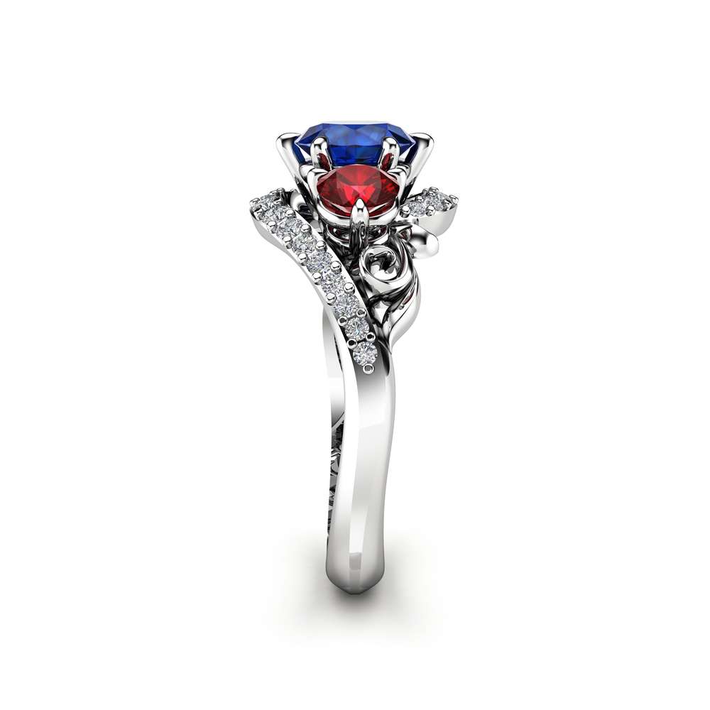 Unique Three Stone Engagement Ring 14K White Gold Ring Natural Blue Sapphire Natural Red Ruby Ring 3 Unique Three Stone Engagement Ring 14K White Gold Ring Natural Blue Sapphire Natural Red Ruby Ring