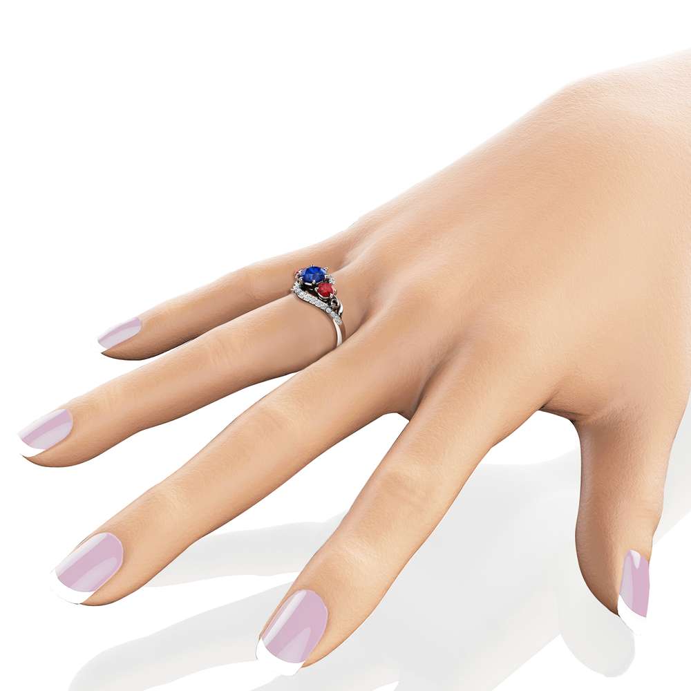 Unique Three Stone Engagement Ring 14K White Gold Ring Natural Blue Sapphire Natural Red Ruby Ring 4 Unique Three Stone Engagement Ring 14K White Gold Ring Natural Blue Sapphire Natural Red Ruby Ring