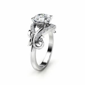 Moissanite Leaf Engagement Ring 14K White Gold Moissanite Ring Solid Gold Engagement Ring
