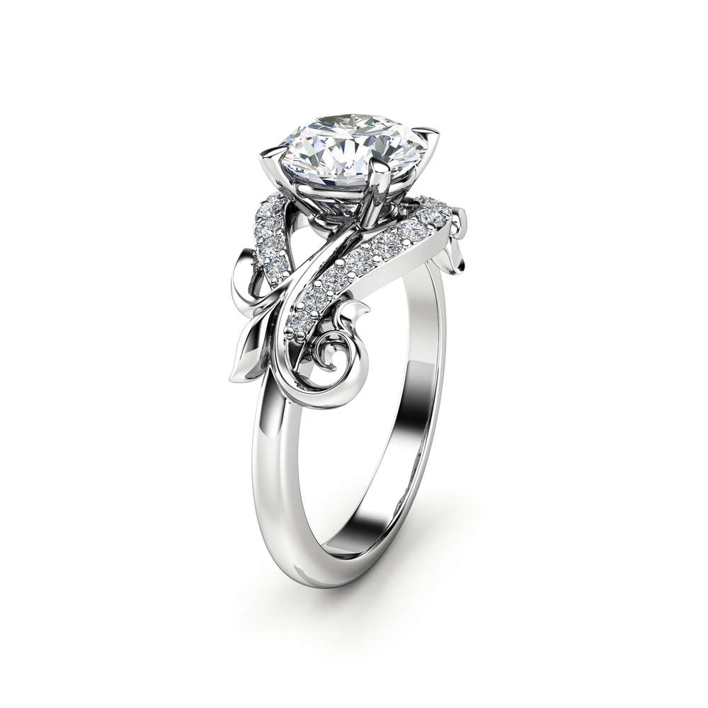 ANr-0046B Moissanite Leaf Engagement Ring 14K White Gold Moissanite Ring Solid Gold Engagement Ring 1 Moissanite Leaf Engagement Ring 14K White Gold Moissanite Ring Solid Gold Engagement Ring
