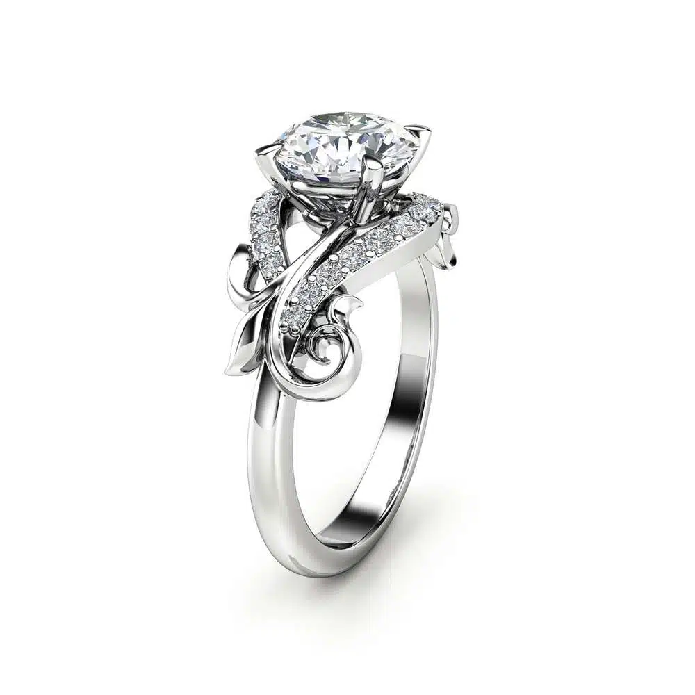 ANr-0046B Moissanite Leaf Engagement Ring 14K White Gold Moissanite Ring Solid Gold Engagement Ring 1 Moissanite Leaf Engagement Ring 14K White Gold Moissanite Ring Solid Gold Engagement Ring
