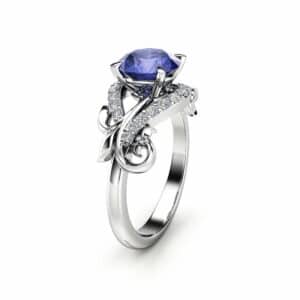 Tanzanite Engagement Ring 14K White Gold Tanzanite Ring Leaf Engagement Ring Anniversary Gift