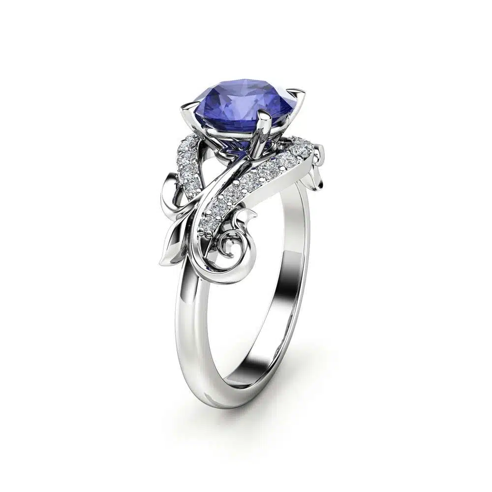 Tanzanite Engagement Ring 14K White Gold Tanzanite Ring Leaf Engagement Ring Anniversary Gift 1 Tanzanite Engagement Ring 14K White Gold Tanzanite Ring Leaf Engagement Ring Anniversary Gift