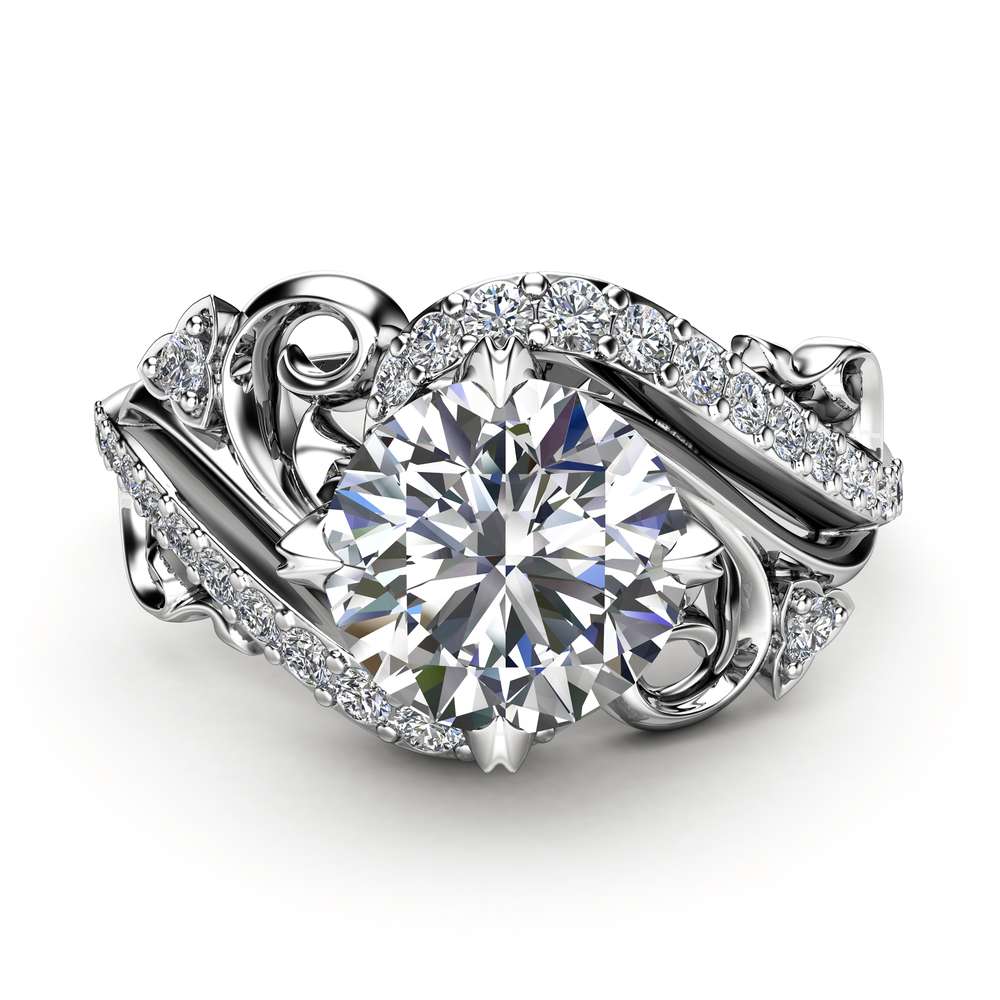 Art Nouveau Moissanite Engagement Ring 14K White Gold Ring Round Cut Moissanite Engagement Ring