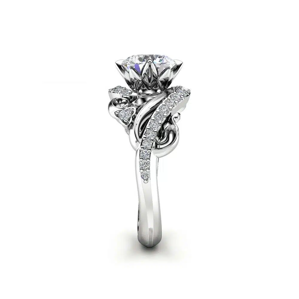 Art Nouveau Moissanite Engagement Ring 14K White Gold Ring Round Cut Moissanite Engagement Ring