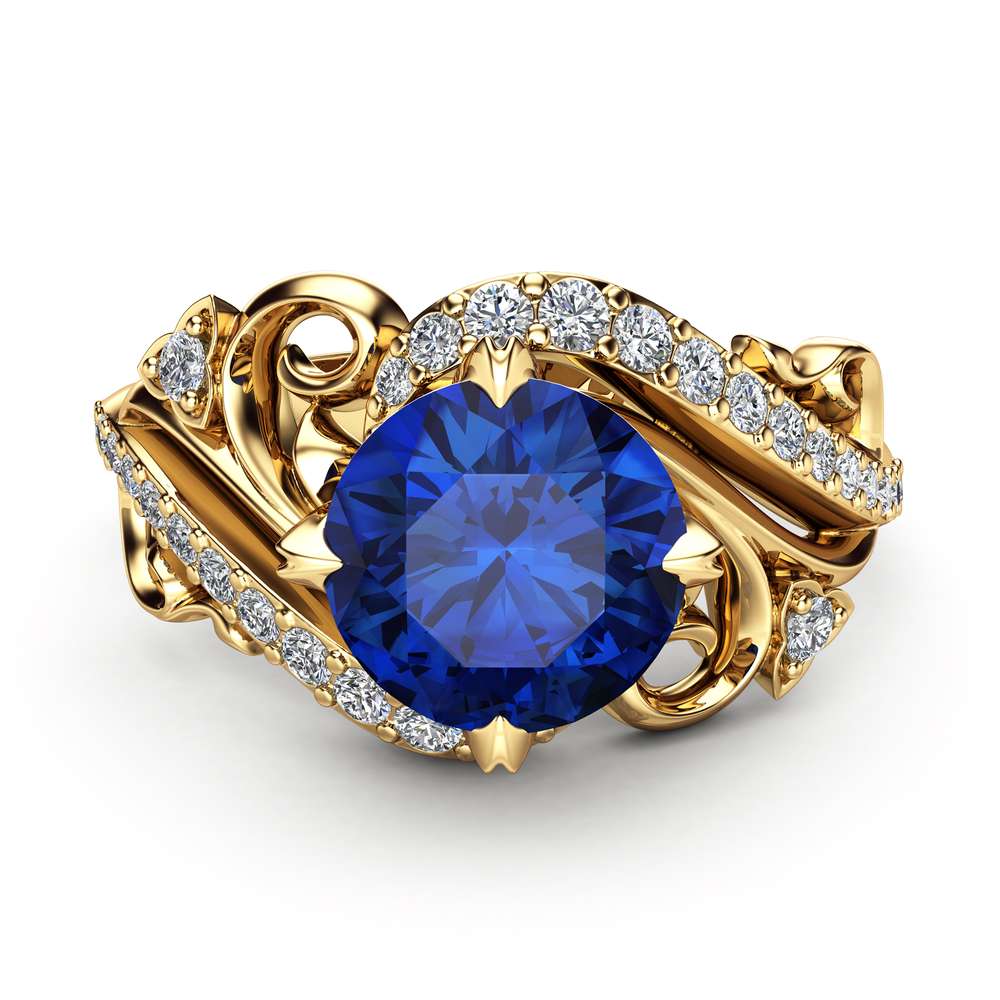 Art Nouveau Sapphire Engagement Ring 14K Yellow Gold Ring Blue Sapphire Engagement Ring 3 Art Nouveau Sapphire Engagement Ring 14K Yellow Gold Ring Blue Sapphire Engagement Ring
