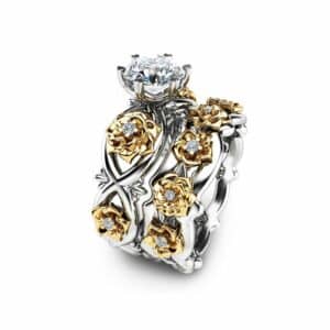 Floral Moissanite Engagement Ring Set Two Tone Gold Flower Rings Unique Moissanite Engagement Rings