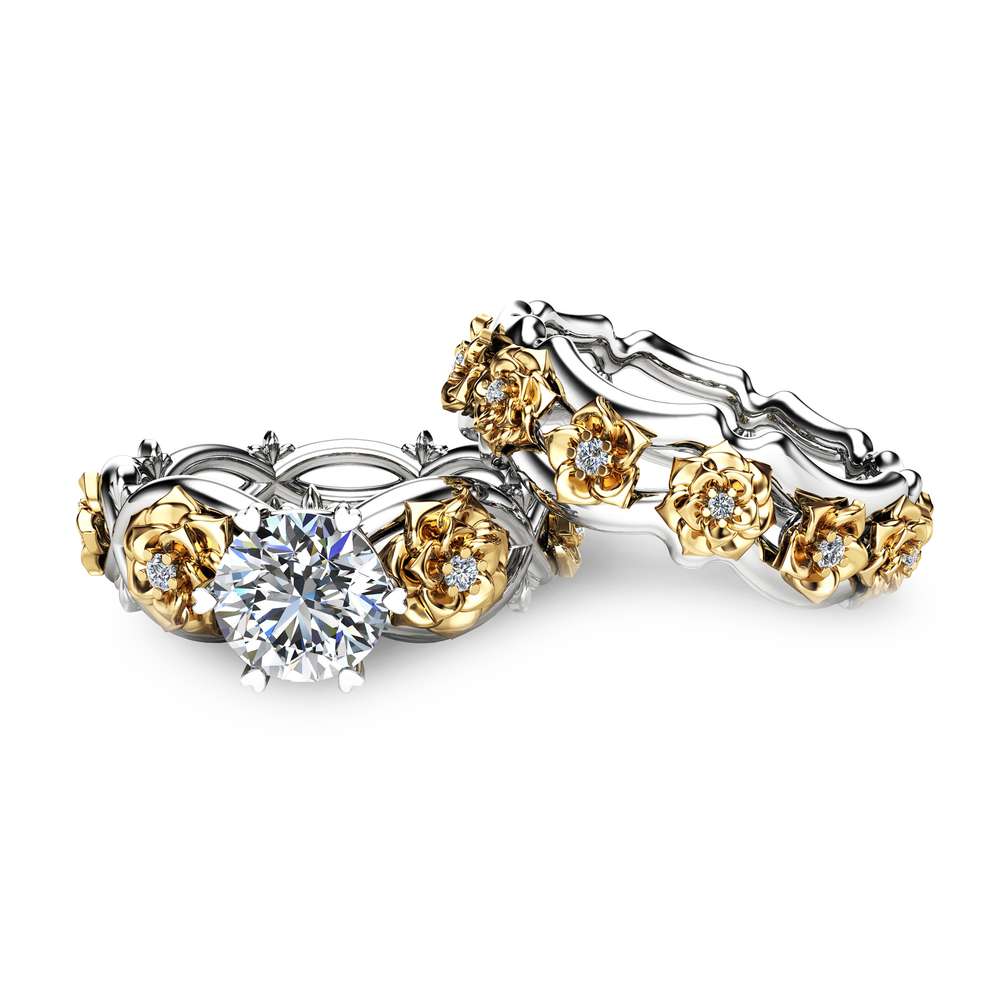 Floral Moissanite Engagement Ring Set Two Tone Gold Flower Rings Unique Moissanite Engagement Rings 2 Floral Moissanite Engagement Ring Set Two Tone Gold Flower Rings Unique Moissanite Engagement Rings
