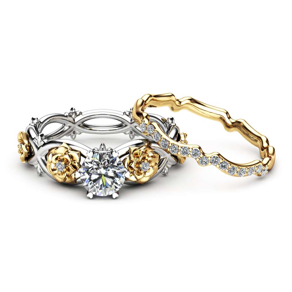 Floral Moissanite Engagement Ring Set 14K Two Tone Gold Floral Rings Unique Moissanite Engagement Rings