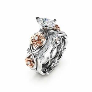 Pear Shaped Engagement Ring Set 14K Two Tone Gold Flower Rings Pear Cut Diamond Ring