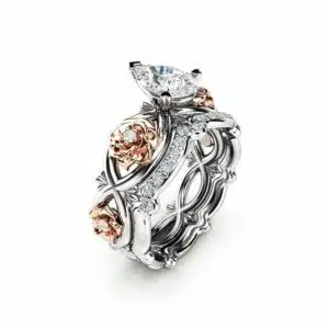 Pear Shaped Engagement Ring Set 14K Two Tone Gold Flower Rings Pear Cut Diamond Ring