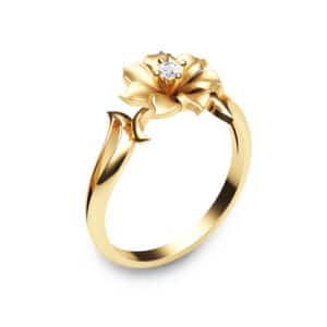 14K Yellow Gold Flower Ring Unique Diamond Ring Leaf and Flower Solitaire Ring Nature Inspired