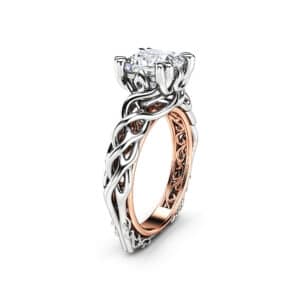 Unique Solitaire Engagement Ring Wild Nature Ring Princess Cut Moissanite Ring 18K Rose and White Gold Engagement Ring