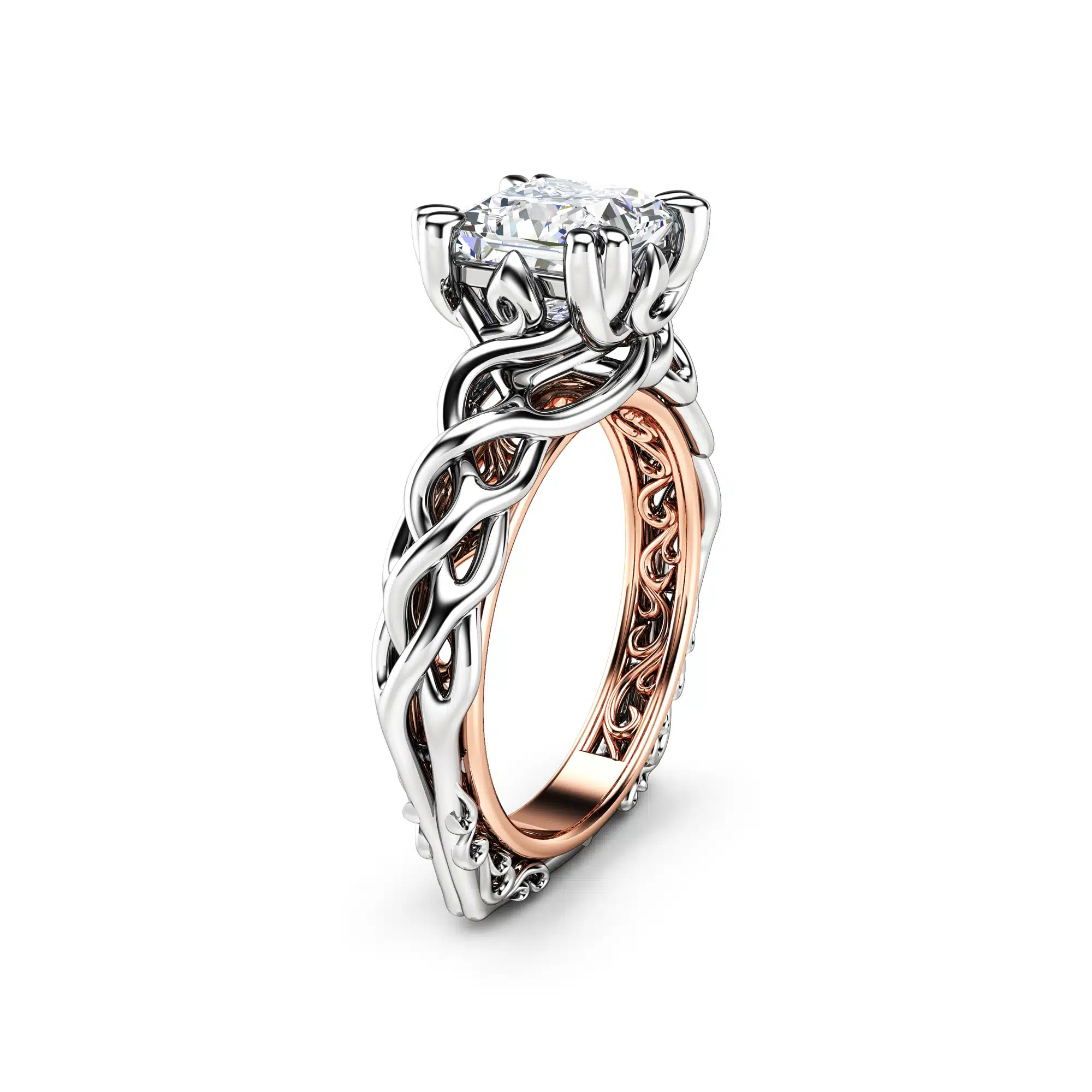 Unique Solitaire Engagement Ring Wild Nature Ring Princess Cut Moissanite Ring 18K Rose and White Gold Engagement Ring 1 Unique Solitaire Engagement Ring Wild Nature Ring Princess Cut Moissanite Ring 18K Rose and White Gold Engagement Ring