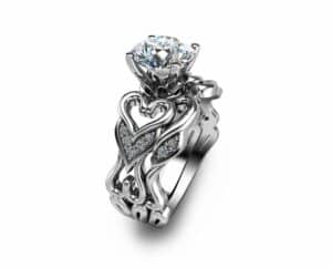 Moissanite Heart Engagement Ring Set 14K White Gold Moissanite Rings Unique Heart Engagement Rings