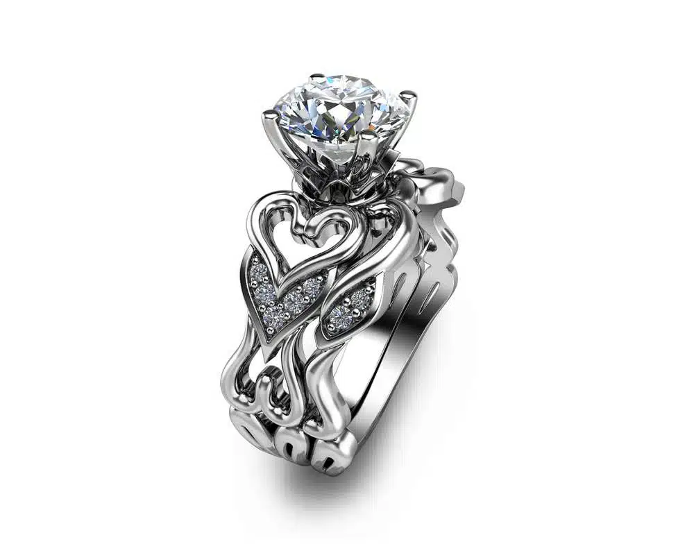Moissanite Heart Engagement Ring Set 14K White Gold Moissanite Rings Unique Heart Engagement Rings