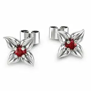 14K White Gold Ruby Stud Earrings Flower Earrings Unique Earrings
