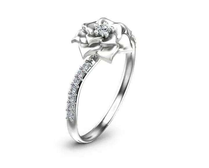 Flower Design Diamond Engagement Ring Unique 14K White Gold Ring Nature Inspired Engagement Ring