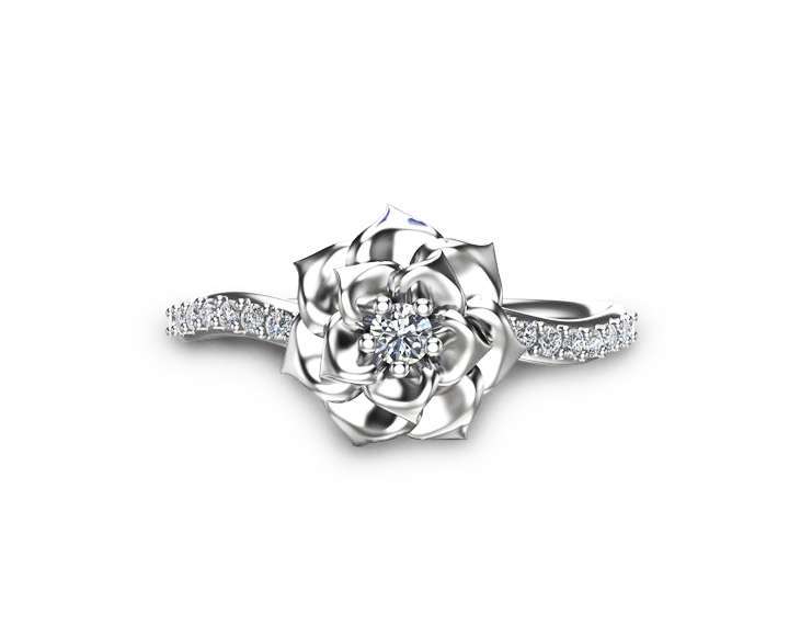 Flower Design Diamond Engagement Ring Unique 14K White Gold Ring Nature Inspired Engagement Ring