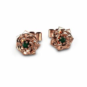 14K Rose Gold Natural Green Emerald Studs Earrings