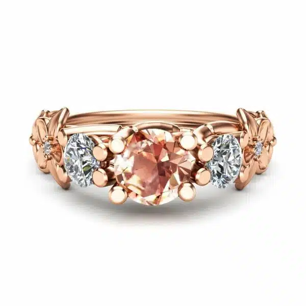 Three Stone ring 14K Rose Gold Morganite Ring Moissanite