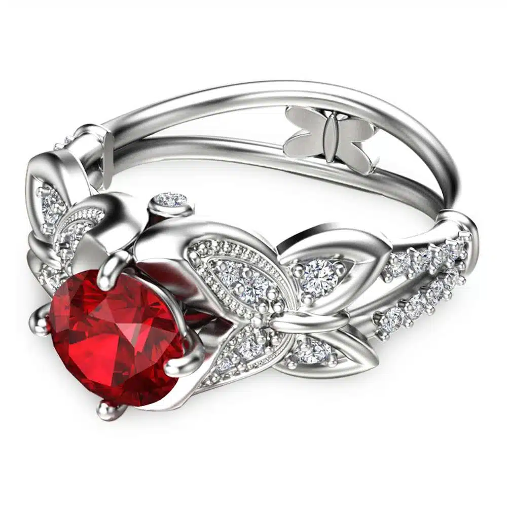 Butterfly Design Ruby Engagement Ring 14K White Gold Natural Ruby Ring Unique Engagement Ring