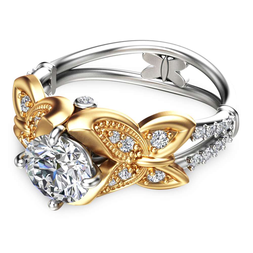 Butterfly Design Moissanite Engagement Ring 14K Two Tone Gold Moissanite Ring Unique Engagement Ring