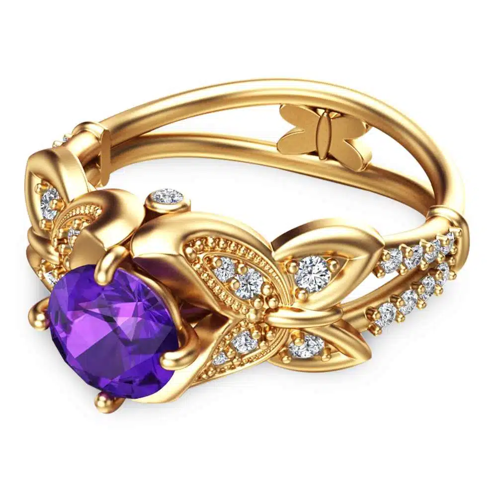14K Yellow Gold Amethyst Engagement Ring Unique Amethyst Anniversary Ring Butterfly Engagement Ring