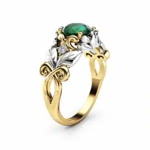 Emerald Leaf Engagement Ring 14K Two Tone Gold Emerald Ring Leaf Design Engagement Ring