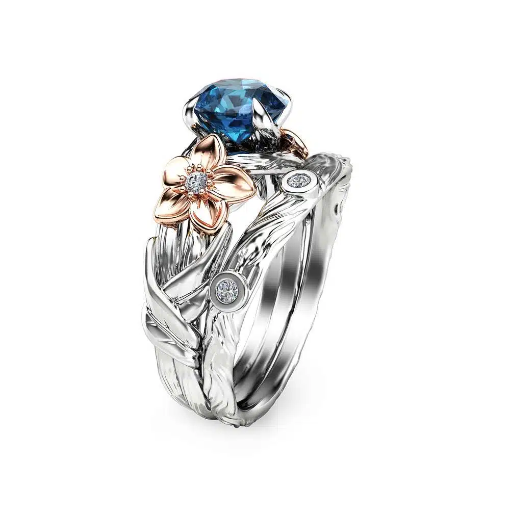 Branch Engagement Ring in 14K White Gold London Blue Topaz Engagement Ring Rose Gold Flower Rings 1 Branch Engagement Ring in 14K White Gold London Blue Topaz Engagement Ring Rose Gold Flower Rings