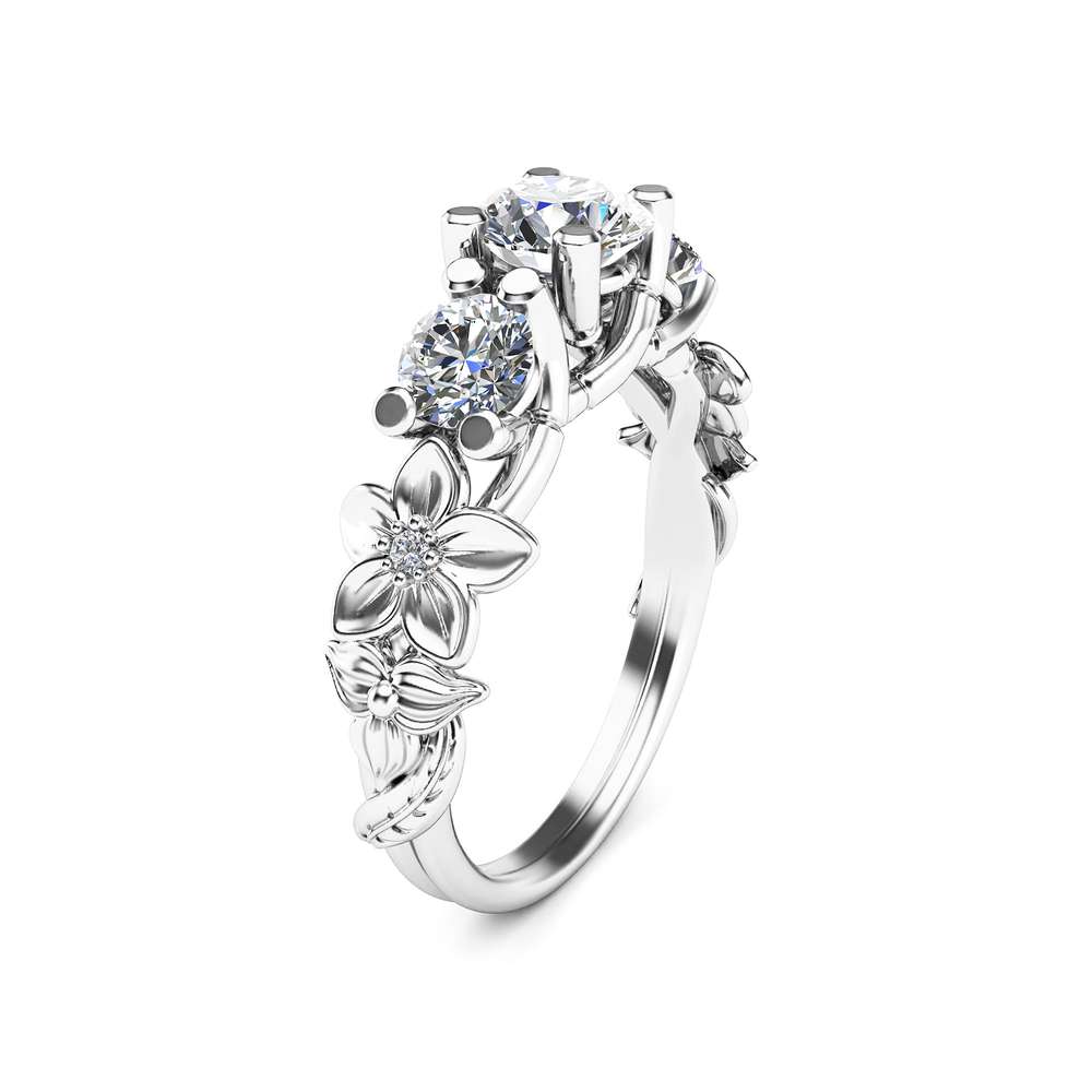 Three Stone Moissanite Engagement Ring 14K White Gold Moissanite Ring Flower Engagement Ring