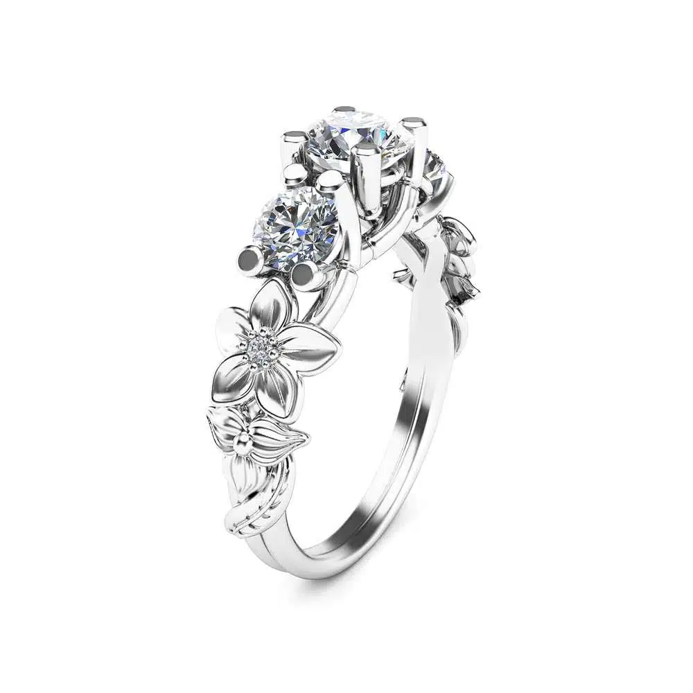 Three Stone Moissanite Engagement Ring 14K White Gold Moissanite Ring Flower Engagement Ring