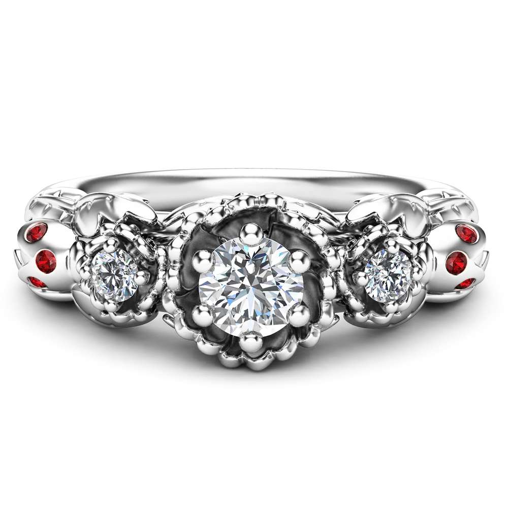 Unique 3 Stone Engagement Ring 14K White Gold Diamond Ring Ladybug and Flower Engagement Ring Nature Inspired Ring 2 Unique 3 Stone Engagement Ring 14K White Gold Diamond Ring Ladybug and Flower Engagement Ring Nature Inspired Ring