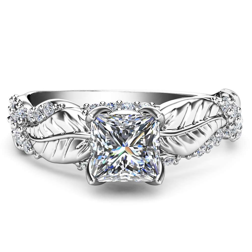 Moissanite Diamond Engagement Ring Princess Cut Promise Ring White Gold Wedding Band Leaf Anniversary Ring