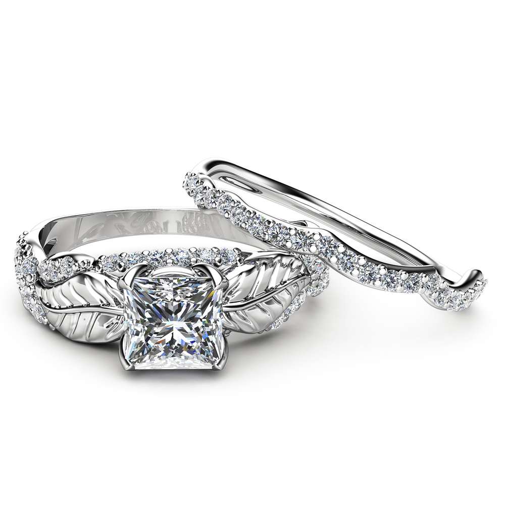 Charles and Colvard Moissanite Ring Set Princess Moissanite Engagement Ring White Gold Leaf Rings Camellia Jewelry 2 Charles and Colvard Moissanite Ring Set Princess Moissanite Engagement Ring White Gold Leaf Rings Camellia Jewelry