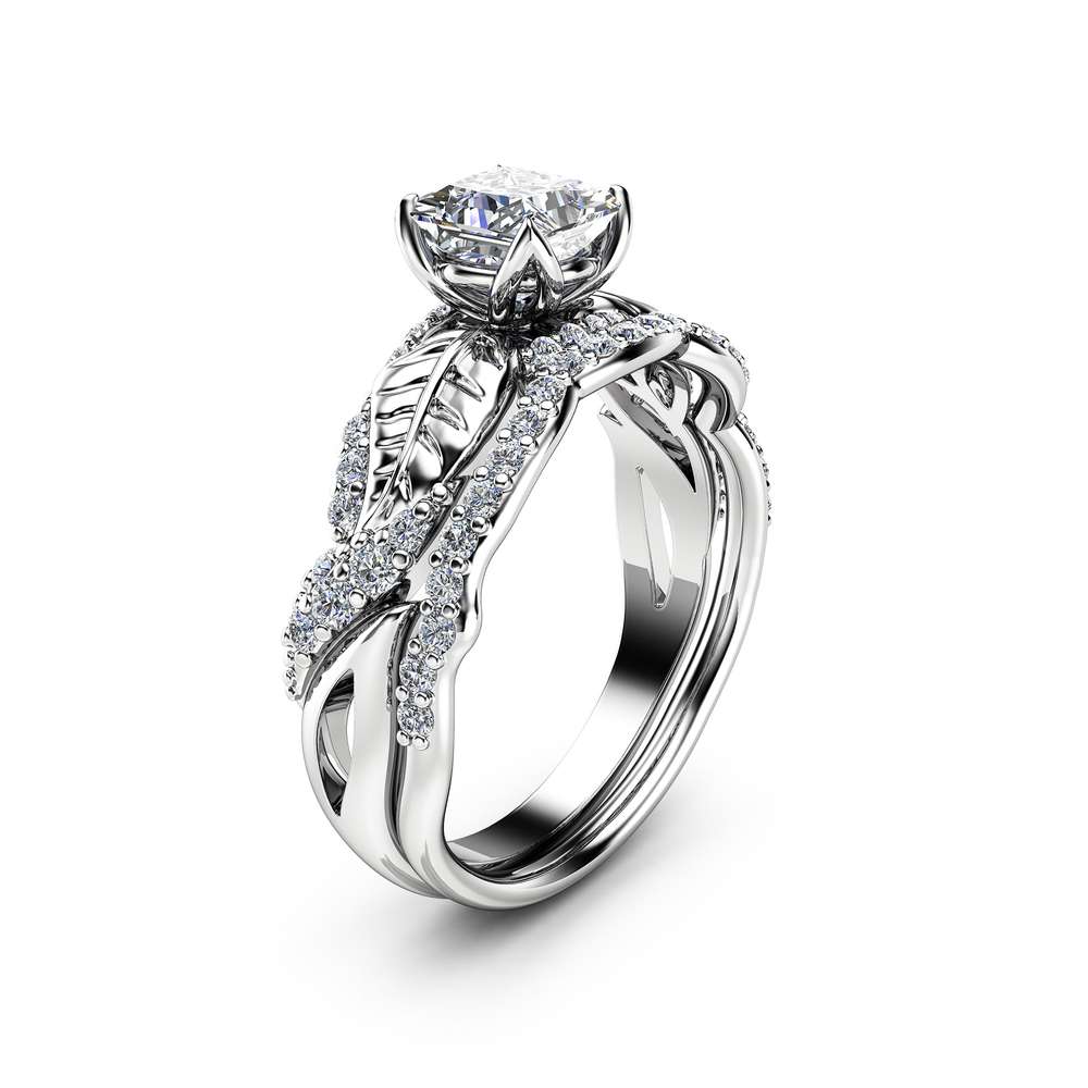 Charles and Colvard Moissanite Ring Set Princess Moissanite Engagement Ring White Gold Leaf Rings Camellia Jewelry 1 Charles and Colvard Moissanite Ring Set Princess Moissanite Engagement Ring White Gold Leaf Rings Camellia Jewelry