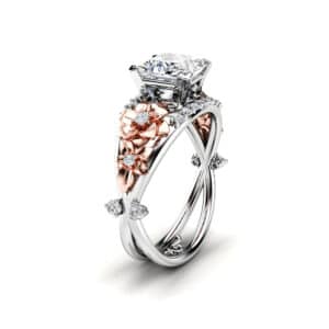 Engraved Solitaire Crown Petal Moissanite Ring with Rose Flowers