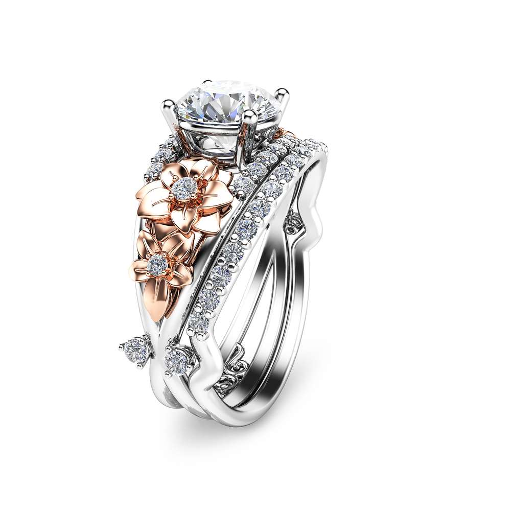 Floral Moissanite Engagement Ring Set 14K Two tone Gold Rings Unique Moissanite Wedding Rings Art Deco Engagement Rings 1 Floral Moissanite Engagement Ring Set 14K Two tone Gold Rings Unique Moissanite Wedding Rings Art Deco Engagement Rings