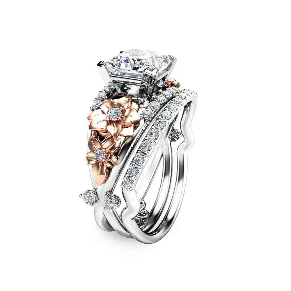 Floral Moissanite Engagement Ring Set Princess Cut Moissanite Ring 14K Two Tone Gold Engagement Ring with Matching Band