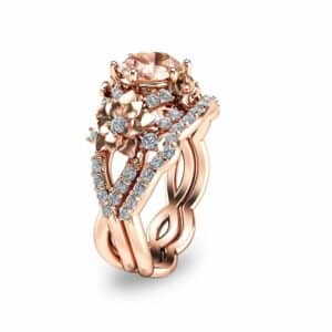 14K Rose Gold Morganite Bridal Set Floral Design Wedding Ring Set Unique Morganite Bridal Set Art Nouveau Styled Engagement Rings