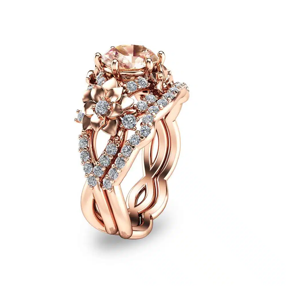 14K Rose Gold Morganite Bridal Set Floral Design Wedding Ring Set Unique Morganite Bridal Set Art Nouveau Styled Engagement Rings